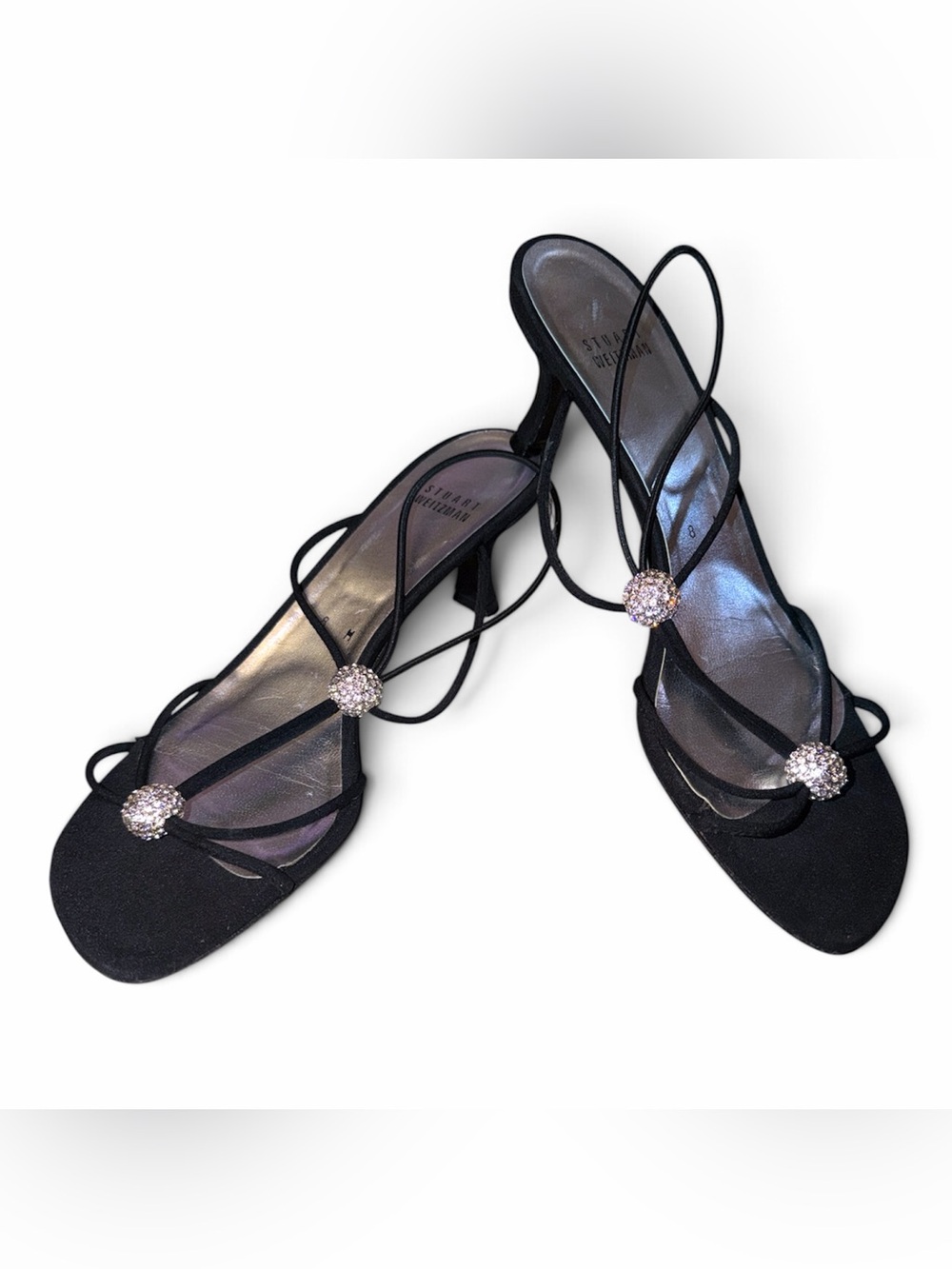 Stuart Weitzman Black Strappy Heels with Crystal Orbs Women’s 8